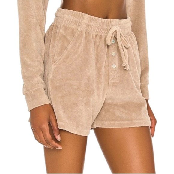 DONNI. Terry Henley Boxer Drawstring “Latte” Tan Brown Shorts Size Small - Picture 14 of 15
